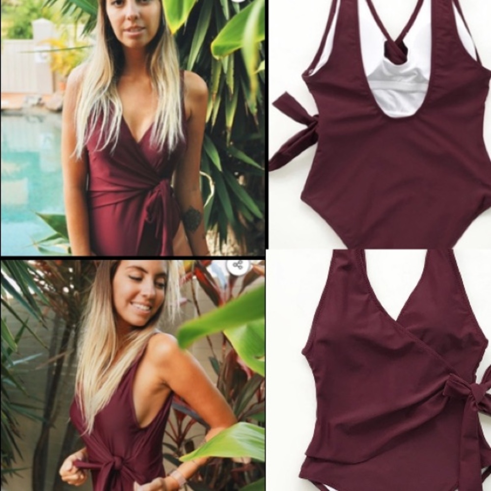 Elegant Dance Solid One-piece Swimsuit - Wine Red